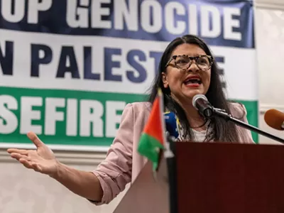 U.S. Rep. Rashida Tlaib speaking in Dearborn in February.